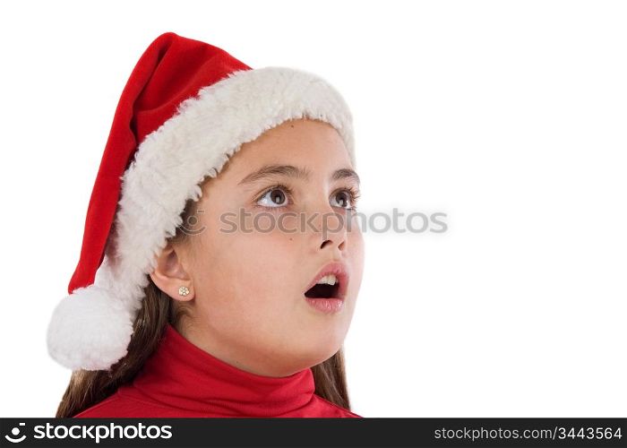Surprising girl with hat of christmas on a over white background