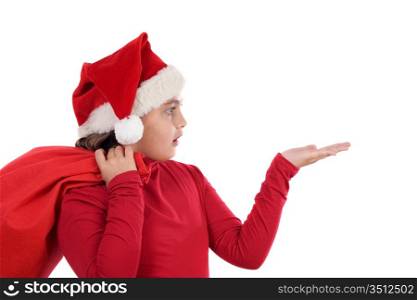 Surprising girl with hat of christmas on a over white background