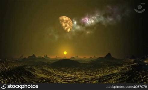 Surreal alien landscape, bathed in ghostly golden light. Hilly surface reflects bright light and creates a dark shadow. Above the horizon orange haze that sits in a bright golden sun, emitting a rainbow halo. Above him in a dark starry sky planet (moon) in the penumbra, on the background of the bright color of the nebula. The camera flies over the landscape and approaches her.