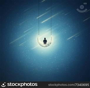 Surreal background with a lonely boy sitting on a crescent moon, as a swing, over a starry night sky 