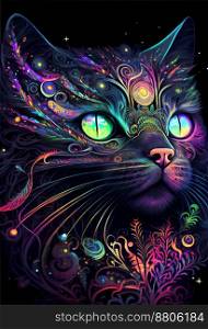 Surreal, dark, psychedelic, cosmic, cat on black background.  Illustration created with generative AI technology.