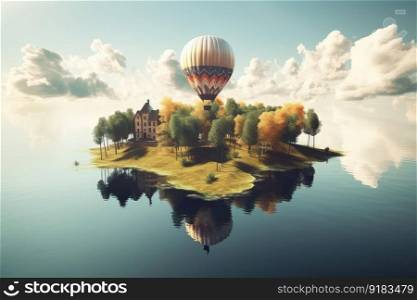 surreal float island, with hot air balloon≠arby, floating over tranquil pond, created with≥≠rative ai. surreal float island, with hot air balloon≠arby, floating over tranquil pond