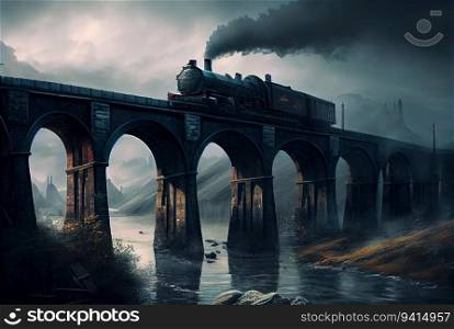 Surreal gloomy landscape with bridge and train. Generative AI technology. Surreal gloomy landscape with bridge and train. AI generated