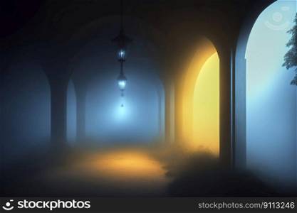 Surreal grotto with supporting arches and a hanging l&in the fog and haze with blue and yellow light leaking in it, blurred minimalistic, made with generative AI