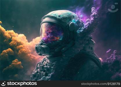 Surreal ima≥of astronaut with floating∫rinsic irides¢in≠bula. E≤ment of colorful sπral smoke with space suit on outre imagination design. Fi≠st≥≠rative AI.. Surreal ima≥of astronaut with floating∫rinsic irides¢in≠bula.