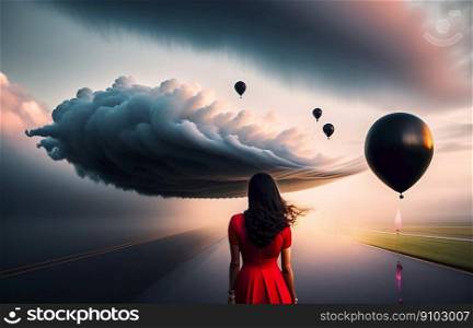 Surreal image of a woman in a red dress under a dark cloud with rising black balloons and pedestrians on reflective asphalt in the background, made with generative AI