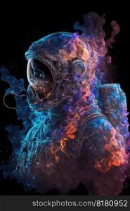 Surreal image of astronaut with floating intrinsic iridescent in nebula. Element of colorful spiral smoke with space suit on outre imagination design. Finest generative AI.. Surreal image of astronaut with floating intrinsic iridescent in nebula.