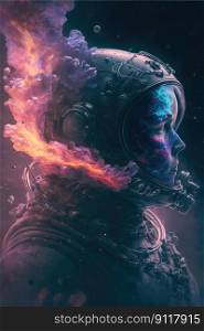 Surreal image of astronaut with floating intrinsic iridescent in nebula. Element of colorful spiral smoke with space suit on outre imagination design. Finest generative AI.. Surreal image of astronaut with floating intrinsic iridescent in nebula.