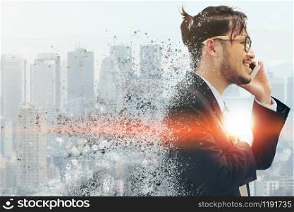 Surreal Image of Communication Concept - Young businessman using mobile phone with modern city buildings background. Future innovation technology and internet of things ( IOT ).. Surreal Image - Communication Technology Concept
