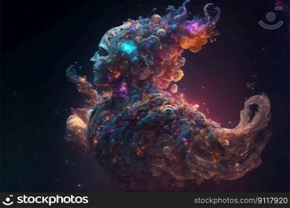 Surreal image of humanoid with floating intrinsic iridescent in nebula. Element of colorful spiral smoke with outer imagination design. Finest generative AI.. Surreal image of humanoid with floating intrinsic iridescent in nebula.