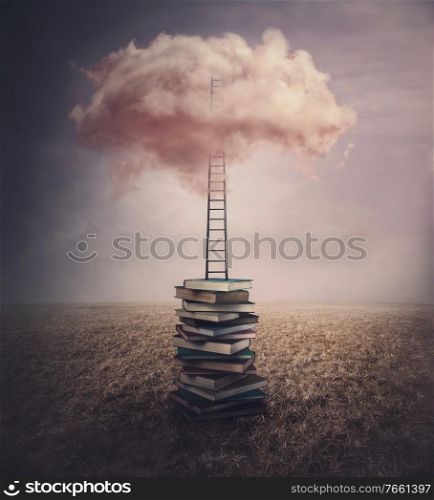 Surreal landscape, conceptual scene with a books pile in the middle of an open meadow, and a ladder or stairway leading up to a pink cloud in the sky. Fantasy world, adventure in search of knowledge