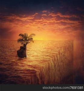 Surreal ocean view and a small island with a palm tree at the edge of the world. Adventure and journey, fantasy vacation concept. Summer holiday at the end of the sea in the middle of nowhere