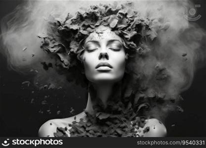 Surreal portrait in black and white created with generative AI technology