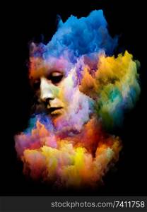 Surreal Portrait. Inner Color series. Arrangement of human face and abstract colors isolated on black background on theme of art, design and psychology