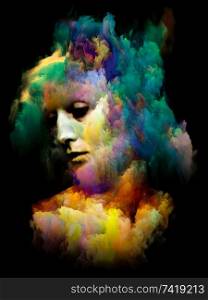 Surreal Portrait. Inner Color series. Arrangement of human face and abstract colors isolated on black background on theme of art, design and psychology