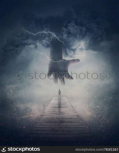 Surreal scene, a man on a pier and a scary giant hand comes from the mist and lightnings. Wormhole teleport to another world through the storm. Mysterious wonderland, fantastic adventure concept