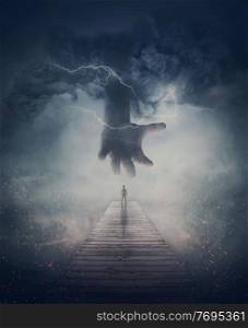 Surreal scene, a man on a pier and a scary giant hand comes from the mist and lightnings. Wormhole teleport to another world through the storm. Mysterious wonderland, fantastic adventure concept