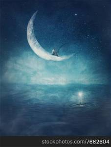 Surreal scene with a boy fishing for stars, seated on a crescent moon with a rod in his hands. Magical adventure concept. Wonderful starry night sky reflecting over the clear blue ocean water.