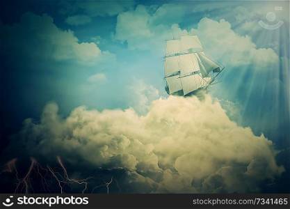 Surreal screensaver with an old ship sailing in the clouds