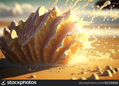 Surreal shell on the beach. Abstract clam with filigree shape on the sand. Generated AI. Surreal shell on the beach. Abstract clam with filigree shape on the sand. Generated AI.