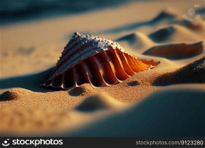 Surreal shell on the beach. Abstract clam with filigree shape on the sand. Generated AI