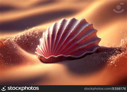 Surreal shell on the beach. Abstract clam with filigree shape on the sand. Generated AI