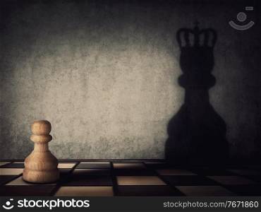 Surreal transformation of the pawn chess piece into a powerful king or queen. Motivation and self confidence metaphor, overcoming obstacles and achieving success. Leadership and authority concept