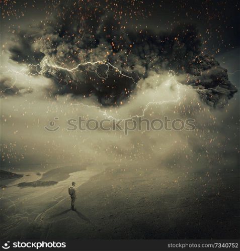 Surreal view as a young boy, stand on the sandy ground near the seaside watching a hurricane, sandstorm coming with a million fire sparkles in the sky. Adventure and life emotions.