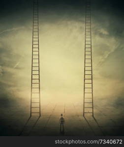 Surrealistic concept as a man standing in a foggy street looking at two stairways, thinking which to climb, choosing the correct way up. Different life opportunities, best choice for career development.