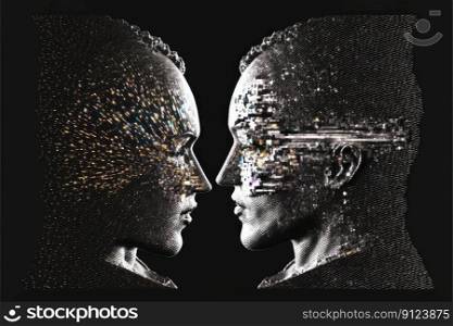 Surrealistic human face created by arrayed pixel particles face forming in glistering futuristic. Inspiration of split body composite digital graphic art design innovation. Finest generative AI.. Surrealistic human face by arrayed pixel forming in glistering futuristic.