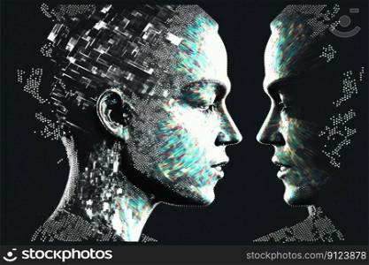 Surrealistic human face created by arrayed pixel particles face forming in glistering futuristic. Inspiration of split body composite digital graphic art design innovation. Finest generative AI.. Surrealistic human face by arrayed pixel forming in glistering futuristic.