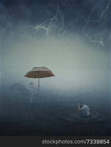 Surrealistic image as lonely, stressed man sit in the lake water below the falling rain and his angel try to help him giving an umbrella. Forgiveness, spiritual support.