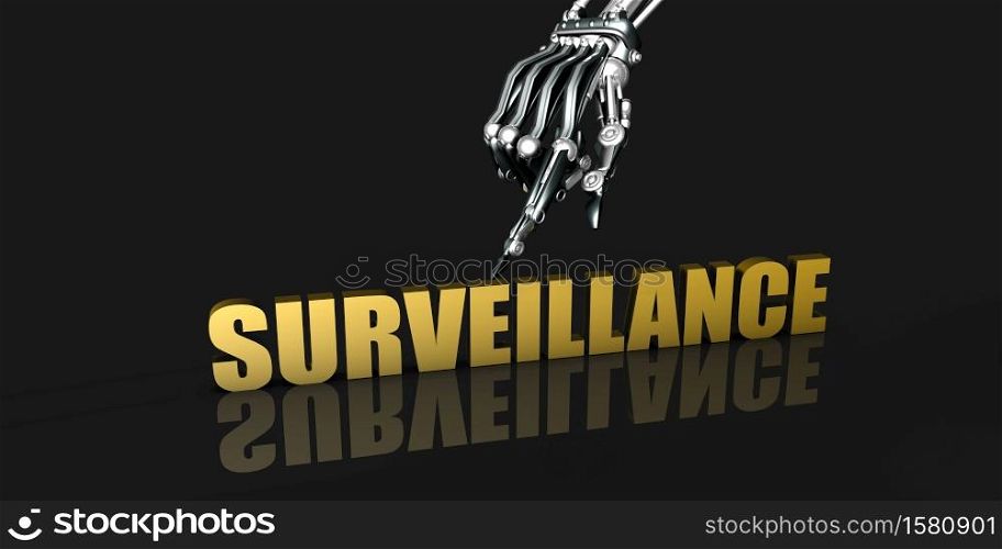 Surveillance Industry with Robotic Hand Pointing on Black Background. Surveillance Industry