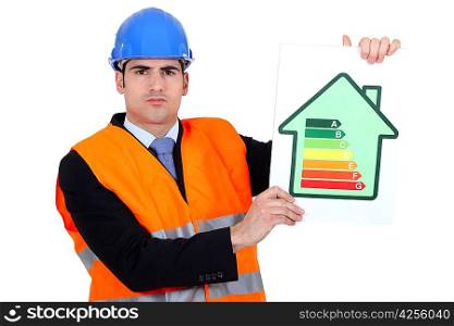 Surveyor holding energy rating poster