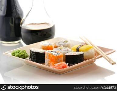 sushi assortment and a soy sauce