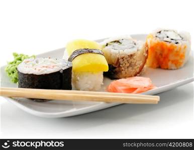 sushi assortment in a white dish