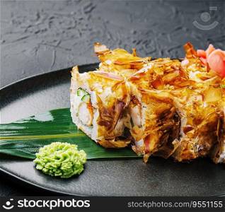 Sushi bonito roll on a dark plate