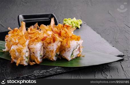 Sushi bonito roll on black stone