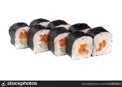 sushi fresh maki rolls with red caviar isolated on white