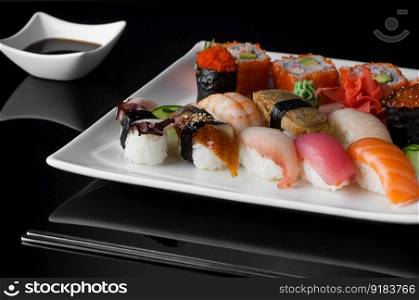 sushi in a white plate with sauce pot and chopsticks on a black background with reflection . sushi in a plate on a black background