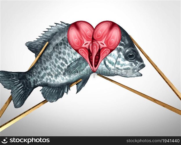 Sushi love concept and fresh fish Dinner for two dining and romantic date symbol as a couple of chopsticks holding seafood with a heart shape with 3D illustration elements.