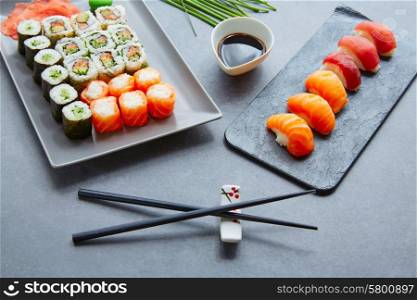 Sushi Maki and Niguiri California roll soy sauce and wasabi