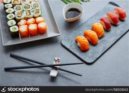 Sushi Maki and Niguiri with soy sauce California roll and wasabi