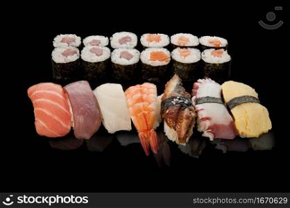 sushi menu on black background with reflection