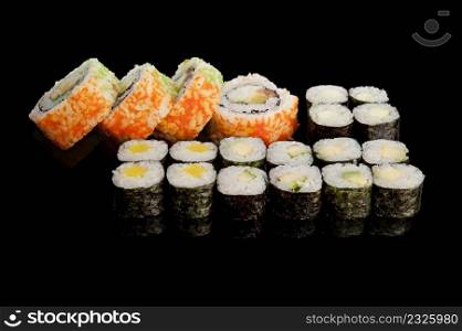 sushi menu on black background with reflection