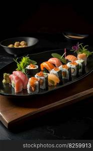 Sushi platter, featuring a variety of fresh fish, sushi rolls, and elegant garnishes, presented on a sleek, modern plate. Generative Ai
