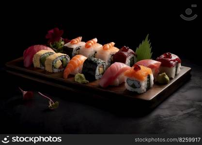 Sushi platter, featuring a variety of fresh fish, sushi rolls, and elegant garnishes, presented on a sleek, modern plate. Generative Ai