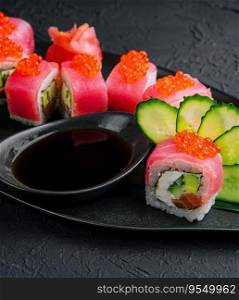 Sushi roll Maguro with tuna and red caviar