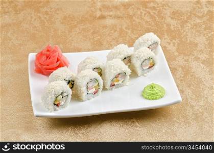 sushi roll of shrimp, cucumber, pepper and sauce