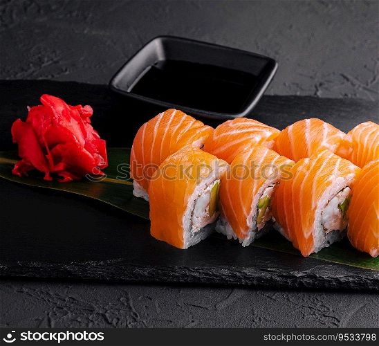 Sushi roll philadelphia with salmon on black board